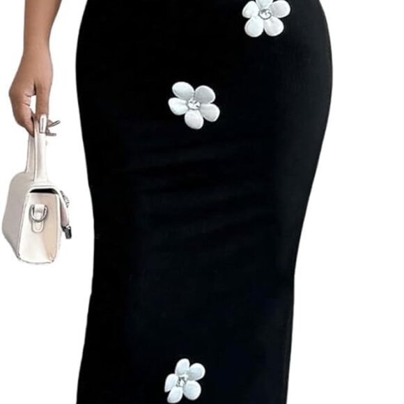 Dresses & Skirts - Women's Knit Bodycon Maxi Dress Sleeveless Floral Rhinestone Elegant